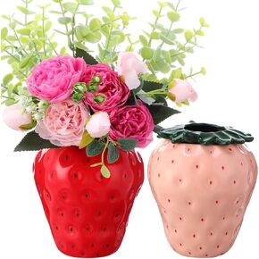 2 Pcs Vintage Inspired Strawberry Vase 6 Inch Strawberry Shaped Planter Pot Aesthetics Ceramic Fruit Strawberry Flower Vase for Strawberry Party Baby Shower Kitchen Office Home Decorations