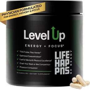 Life Happns Level Up Energy and Focus Supplement with Lions Mane, Ginkgo Biloba, L Theanine, Cordyceps Mushroom, Vitamin B, Brain and Memory Support Supplements, 90 Capsules