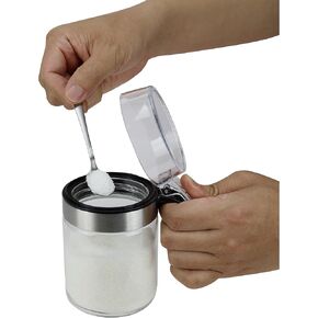 EIKS Glass Condiment Pot with Spoon, Seasoning Jar Container for Storing Serving Sugar Spice Salt Seasoning in Home Kitchen Restaurant