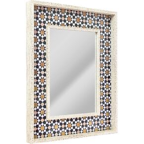 Head West Geometric Tiled Print Distresed White Raised Lip Double Framed Accent Mirror, Vanity Mirror, Rectangle Mirrors, Wall Mount Mirrors, Decorative Accent Mirrors, Living Room Mirrors - 23" x 29"