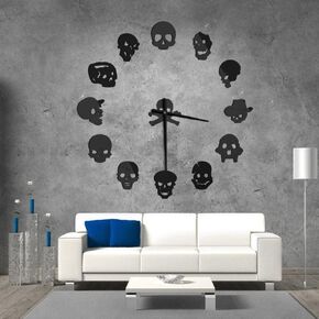 The Geeky Days DIY ساعة حائط جمجمة، ساعة قوطية صامتة غير موقوتة تعمل بالبطارية ساعة حائط كبيرة عملاقة مع ملصق تأثير المرآة، ساعة حائط كبيرة ثلاثية الأبعاد بدون إطار لغرفة النوم وغرفة المعيشة (فضي)