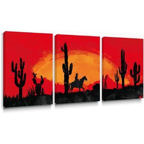 SUMGAR Red Wall Art Western Wall Decor Prints for Bedroom Bathroom, Cowboy Desert Cactus Sunset Pictures Southwest Canvas Paintings for office living room,12x16 inch