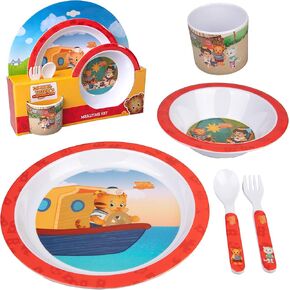Daniel Tiger 5 Pc Mealtime Feeding Set for Kids and Toddlers - Includes Plate, Bowl, Cup, Fork and Spoon Utensil Flatware - Durable, Dishwasher Safe, BPA Free (Green)