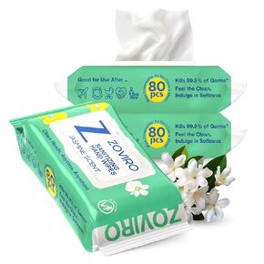 Zoviro Hand Sanitizing Wipes, Bergamot and Orange Essential Oils, Hand Wipes Travel Size, Moisturizing Hand Sanitizer Wipes, Value Pack, Jasmine Scent, 80 Count (Pack of 24)