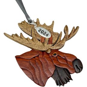 Moose Ornament 2024 Two-Tone Wood Intarsia Design Moose Head Christmas Ornament - Great Big Game Hunter Gift Idea - Comes in a Gift Box so It's Ready for Giving