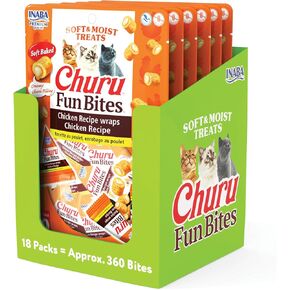 INABA Churu Fun Bites for Cats, Soft & Chewy Baked Chicken Wrapped Churu Filled Cat Treats with Taurine, 0.42 Ounces Each Tetra, 18 Tetras Total (3 per Bag), Chicken with Pumpkin Recipe