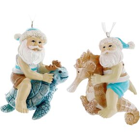 Sea Turtle Seahorse Ornaments - Beach Santa Riding Marine Animals Coastal Holiday Tree Decorations, Set of 2