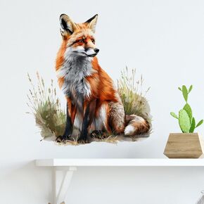 Lifelike Sitting Red Fox in Grass Wall Decal Nursery Animal Wall Sticker Removable Peel and Stick Wall Art Decor for Kid Baby Classroom Preschool Living Room Playroom Bedroom School