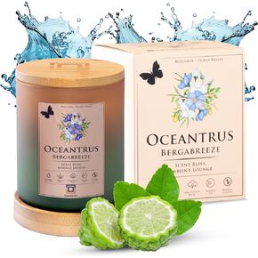 Blended Soy Scented Candle - Ocean Breeze and Beach Scented Soy Candles with Bamboo Coaster & Lid for Home, Cotton Wick, 55 Hour Burn Time (Light Blue Light Purple Gradient)