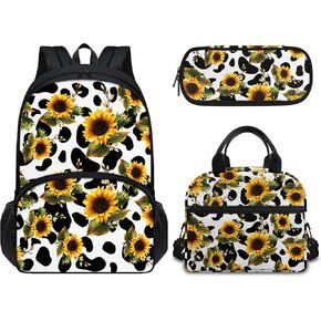 Dreaweet Sunflower Cow Backpack for Girls with Lunch Box Cute Bookbag for Teen Girls with Lunchbox Middle School Bag Set Book Bag Lunch Bag Combo