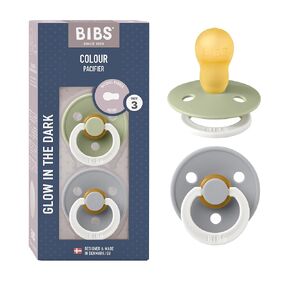 BIBS Colour Night Baby Pacifier 2-Pack | Made in Denmark | BPA Free Dummy Soother, Round Nipple. Natural Rubber Latex, Size 3 (18+ Months), Sage Night/Cloud Night