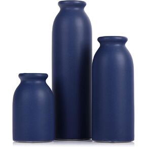 Blue Ceramic Vase Set of 3 - Decorative Navy Blue Vases for Centerpieces, Farmhouse and Home Decor - Ideal for Living Room, Kitchen, Bedroom, Dining Table and Office Decor