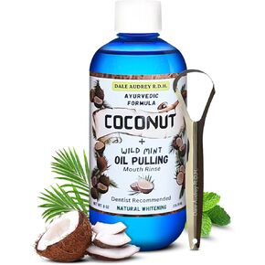Coconut Pulling Oil for Teeth and Gums with Metal Tongue Scraper | Mint Coconut Oil Pulling for Teeth Whitening Mouthwash | Ayurvedic Teeth Pulling | Alcohol Free Mouthwash | Fresh Breath