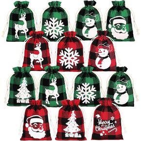 24 Pcs Christmas Gift Bags 4 x 5.5 Inch Buffalo Plaid Drawstring Bags Snowman Snowflake Elk Santa Reusable Small Christmas Candy Burlap Favor Bags for Birthday Christmas Party Supplies (Green, Black)