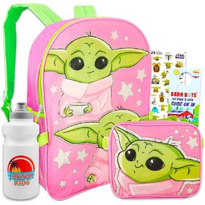 STAR WARS Baby Yoda Backpack with Lunch Box for Girls - Bundle with Baby Yoda Backpack, Lunch Box, Water Bottle, Stickers, More | Mandalorian Backpack with Lunch Box Set