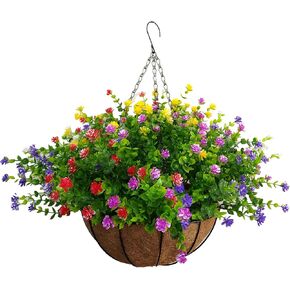 Flo Set of Hanging Basket with Chain Artificial Green Plant Eucalyptus Flower for Outdoor Balcony Decoration, Colorful (Big Basket and Artificial Flowers) Flo