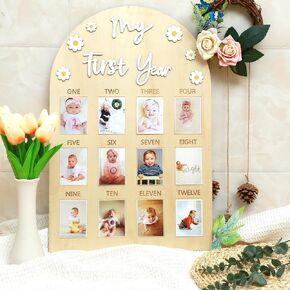My First Year Wood Photo Board, 3D Daisy Flower Baby's First Year Photo - One Year Picture Frame-Girl/Boy 1st Birthday Decorations,Wood Photo Board,Milestone Board,12 Months Photo Banner