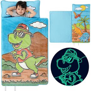 Glow in The Dark Kids Nap Mat - Nap Mats for Preschool, Toddler Sleeping Bag with Pillow and Blanket, Fun Dinosaur & Unicorn Designs, Ages 2-8 Years