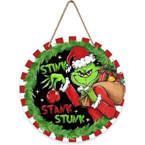 Deroro Christmas Stink Stank Stunk Front Door Sign, Xmas Gift Green Wood Door Hanger Outdoor Outside Porch Decor, Red Stripes Holiday Wooden Wreath Indoor Wall Hanging Decoration, Dero-180