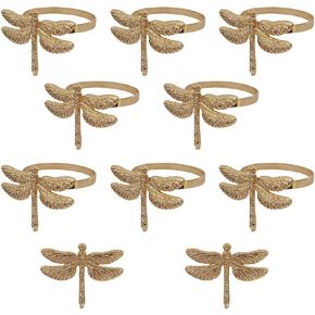 Dragonfly Napkin Rings Set of 10, Animal Insect Dragonfly Napkin Ring Holder for Easter, Wedding, Christmas, Dinner, Family Gathering Party Napkin Cloth Ornament Decoration Table Accessories (Gold)