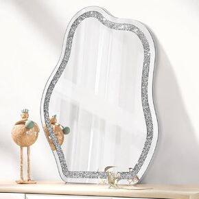 Crystal Asymmetrical Mirror for Wall Large Crush Diamond Irregular Frameless Hanging Wall Mirror Modern Frameless Unique Shape Artistic Mirror Decorative for Living Room Bedroom Bathroom Entryway