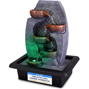 SereneLife 4-Tier Desktop Electric Water Fountain Decor w/LED Indoor Outdoor Portable Tabletop Zen Meditation Waterfall Kit Includes Submersible Pump & 12V Power Adapter-SLTWF87LED
