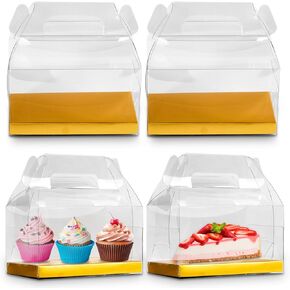 20 pcs Clear Gable Bakery Gift Boxes with Gold Cardboard Medium, Clear Gable Boxes with Cardboard, Dessert Cookie Pastry Cupcake Birthday Holiday Christmas Birthday Wedding Baby Shower (6.3"x3.5"x3.5")