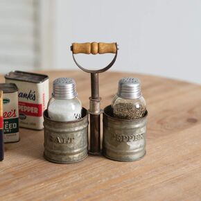 CTW Home Collection 860403 Galvanized Salt and Pepper Caddy with Wood Handle, 6-inch Height, Grey, Natural