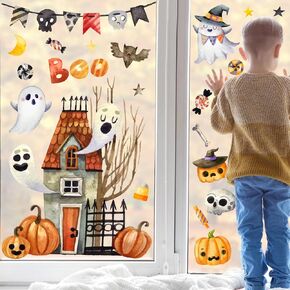 Whaline 6 Sheets Halloween Window Clings Watercolor Haunted Castle Pumpkin Ghost Boo Reusable Window Decals for Party Supplies Home Glass Decor