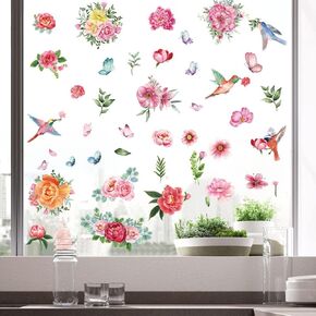 Spring Summer Flower Rose Window Clings,70 Pcs Spring Floral Birds Window Decals,Anti-Collision Plant Decor,Double-Side Print Static Clings for Home Office Baby Shower Decorations Kids Party Supply