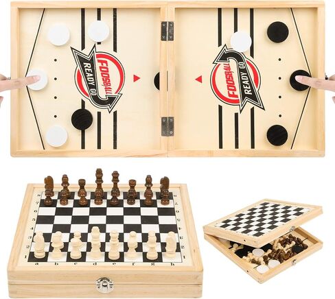 23.6 x 11.8 Inches Foldable Fast Sling Puck Game & Chess 2 in 1 Set, Hockey Curling Game, Slingshot Board Portable Wooden Game for Kids and Adults, Parent-Child Interactive Desktop Game for Family Party Game - Large in Saudi Arabia