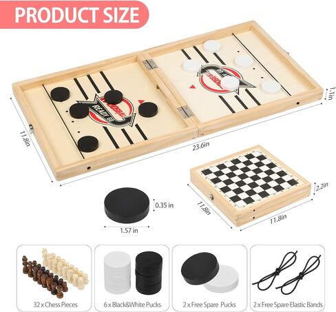 23.6 x 11.8 Inches Foldable Fast Sling Puck Game & Chess 2 in 1 Set, Hockey Curling Game, Slingshot Board Portable Wooden Game for Kids and Adults, Parent-Child Interactive Desktop Game for Family Party Game - Large in Saudi Arabia