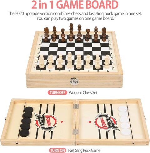 23.6 x 11.8 Inches Foldable Fast Sling Puck Game & Chess 2 in 1 Set, Hockey Curling Game, Slingshot Board Portable Wooden Game for Kids and Adults, Parent-Child Interactive Desktop Game for Family Party Game - Large in Saudi Arabia