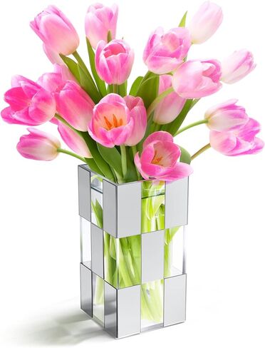 Acrylic Flower Vase, Clear & Blush Pink Mirror Checkered Design Large Vase, Great Vases for Room Décor, Home Décor, Wedding, Table Centerpieces & Home Decorations for Living Room | 9.4’’ Tall in Saudi Arabia