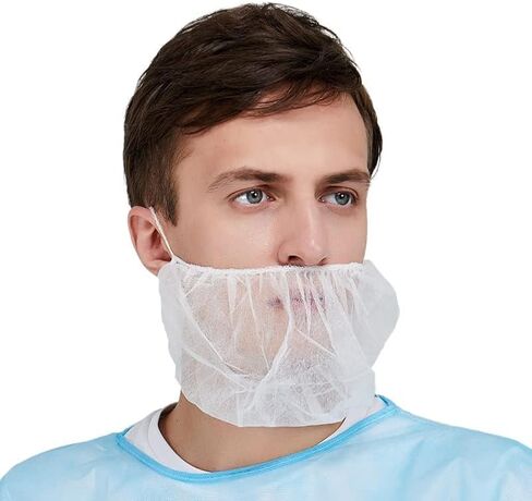 200 Pack Disposable Beard Nets for Men - Full Coverage Beard Covers, Breathable Beard Guards Food Service, Cooking, Cleaning, Construction & More | 200 Pack, White 18" Beard Net in Kuwait