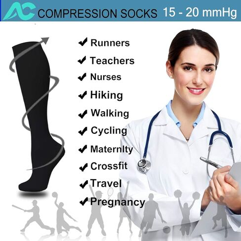 جوارب ضغط من PACKO SOCKS للنساء والرجال - للطب والتمريض والمشي لمسافات طويلة والتعافي والسفر والطيران (أسود، S/M) in Kuwait
