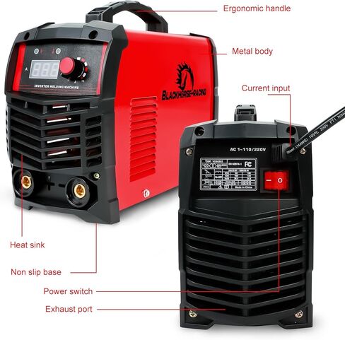 ماكينة لحام عصا BLACKHORSE-RACING، 110/220 فولت 160 أمبير ARC IGBT آلة لحام MMA، شاشة رقمية قابلة للتعديل، مع حامل قطب كهربائي، كماشة عمل، سلك تحويل القابس وفرشاة (أحمر) in Kuwait