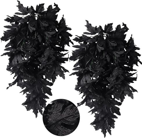 RECUTMS 2pcs Black Maple Leaf Artificial Hanging Plants Faux Fall Leaves Halloween Garland Fake Plants Wall Hanging Indoor Outdoor Halloween Decoration in Saudi Arabia