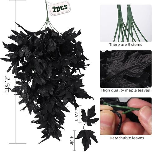 RECUTMS 2pcs Black Maple Leaf Artificial Hanging Plants Faux Fall Leaves Halloween Garland Fake Plants Wall Hanging Indoor Outdoor Halloween Decoration in Saudi Arabia