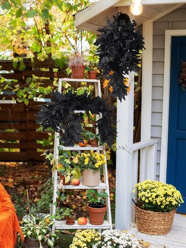 RECUTMS 2pcs Black Maple Leaf Artificial Hanging Plants Faux Fall Leaves Halloween Garland Fake Plants Wall Hanging Indoor Outdoor Halloween Decoration in Saudi Arabia
