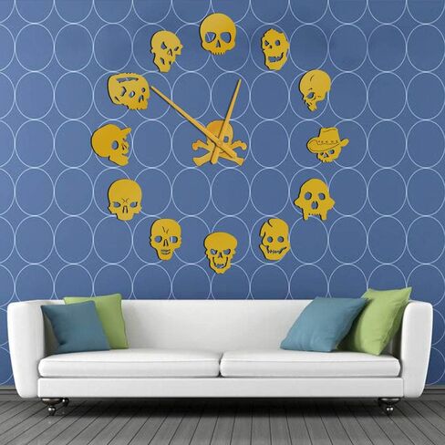 The Geeky Days DIY ساعة حائط جمجمة، ساعة قوطية صامتة غير موقوتة تعمل بالبطارية ساعة حائط كبيرة عملاقة مع ملصق تأثير المرآة، ساعة حائط كبيرة ثلاثية الأبعاد بدون إطار لغرفة النوم وغرفة المعيشة (فضي) in Kuwait