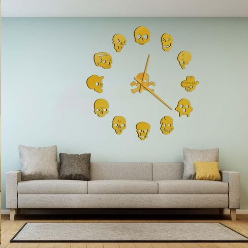 The Geeky Days DIY ساعة حائط جمجمة، ساعة قوطية صامتة غير موقوتة تعمل بالبطارية ساعة حائط كبيرة عملاقة مع ملصق تأثير المرآة، ساعة حائط كبيرة ثلاثية الأبعاد بدون إطار لغرفة النوم وغرفة المعيشة (فضي) in Kuwait