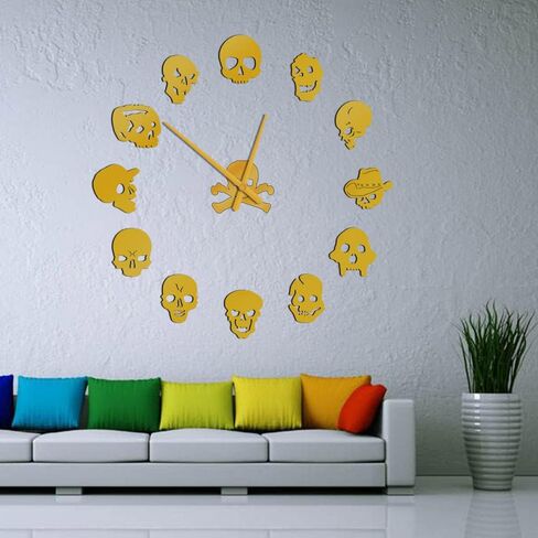 The Geeky Days DIY ساعة حائط جمجمة، ساعة قوطية صامتة غير موقوتة تعمل بالبطارية ساعة حائط كبيرة عملاقة مع ملصق تأثير المرآة، ساعة حائط كبيرة ثلاثية الأبعاد بدون إطار لغرفة النوم وغرفة المعيشة (فضي) in Kuwait