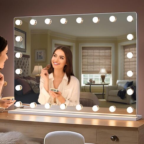 مرآة زينة LUXFURNI مع أضواء مكياج، مرايا هوليوود كبيرة مضيئة مع 18 مصباح LED لطاولة غرفة النوم ومثبتة على الحائط (26 طول × 21 عرض، أبيض) in Kuwait