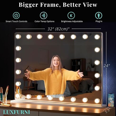 مرآة زينة LUXFURNI مع أضواء مكياج، مرايا هوليوود كبيرة مضيئة مع 18 مصباح LED لطاولة غرفة النوم ومثبتة على الحائط (26 طول × 21 عرض، أبيض) in Kuwait