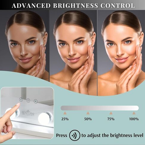 مرآة زينة LUXFURNI مع أضواء مكياج، مرايا هوليوود كبيرة مضيئة مع 18 مصباح LED لطاولة غرفة النوم ومثبتة على الحائط (26 طول × 21 عرض، أبيض) in Kuwait