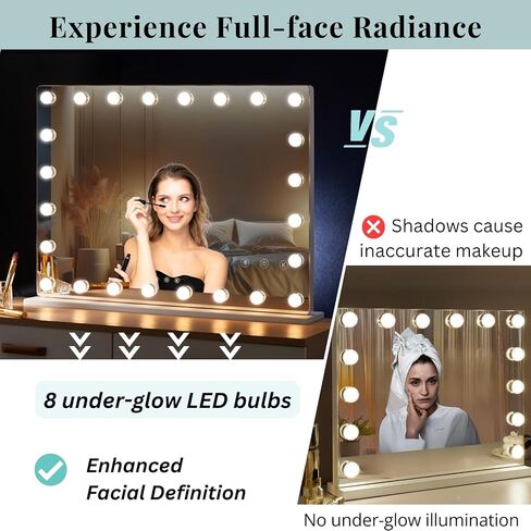 مرآة زينة LUXFURNI مع أضواء مكياج، مرايا هوليوود كبيرة مضيئة مع 18 مصباح LED لطاولة غرفة النوم ومثبتة على الحائط (26 طول × 21 عرض، أبيض) in Kuwait