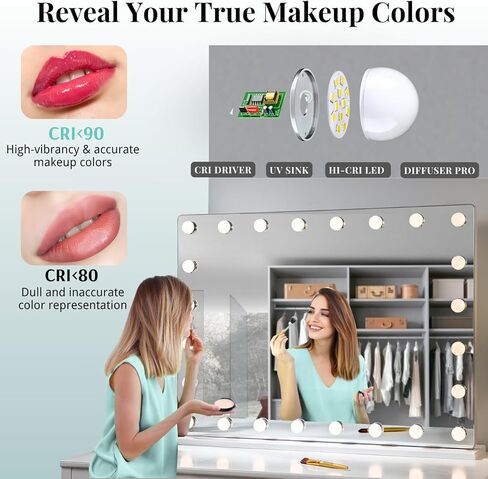 مرآة زينة LUXFURNI مع أضواء مكياج، مرايا هوليوود كبيرة مضيئة مع 18 مصباح LED لطاولة غرفة النوم ومثبتة على الحائط (26 طول × 21 عرض، أبيض) in Kuwait