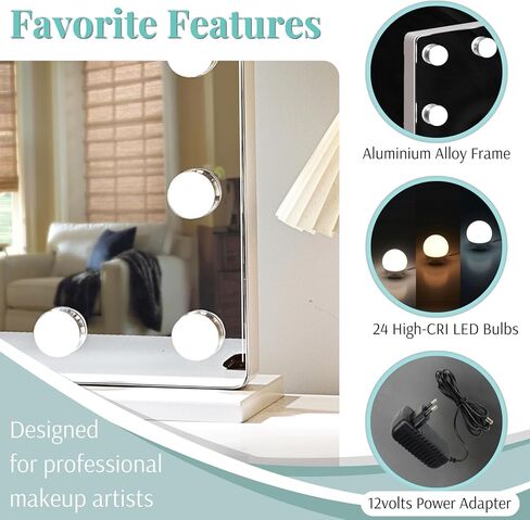 مرآة زينة LUXFURNI مع أضواء مكياج، مرايا هوليوود كبيرة مضيئة مع 18 مصباح LED لطاولة غرفة النوم ومثبتة على الحائط (26 طول × 21 عرض، أبيض) in Kuwait