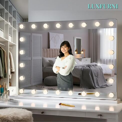 مرآة زينة LUXFURNI مع أضواء مكياج، مرايا هوليوود كبيرة مضيئة مع 18 مصباح LED لطاولة غرفة النوم ومثبتة على الحائط (26 طول × 21 عرض، أبيض) in Kuwait
